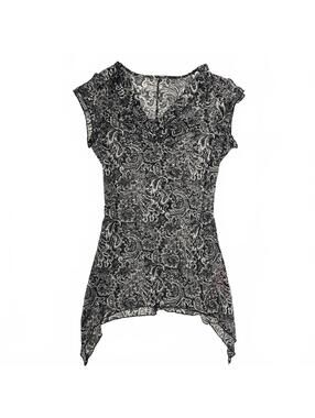 Y2K San Francisco Black White Paisley Print Cowl Neck Sheer Mesh Dress Sz L